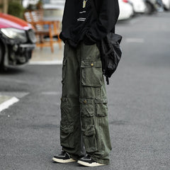 Threebooy  Japanese Multi-pocket Work Pants Men's Autumn Trendy Loose Straight Casual Pants Hip-hop Retro Design Trousers Aesthetic Chic