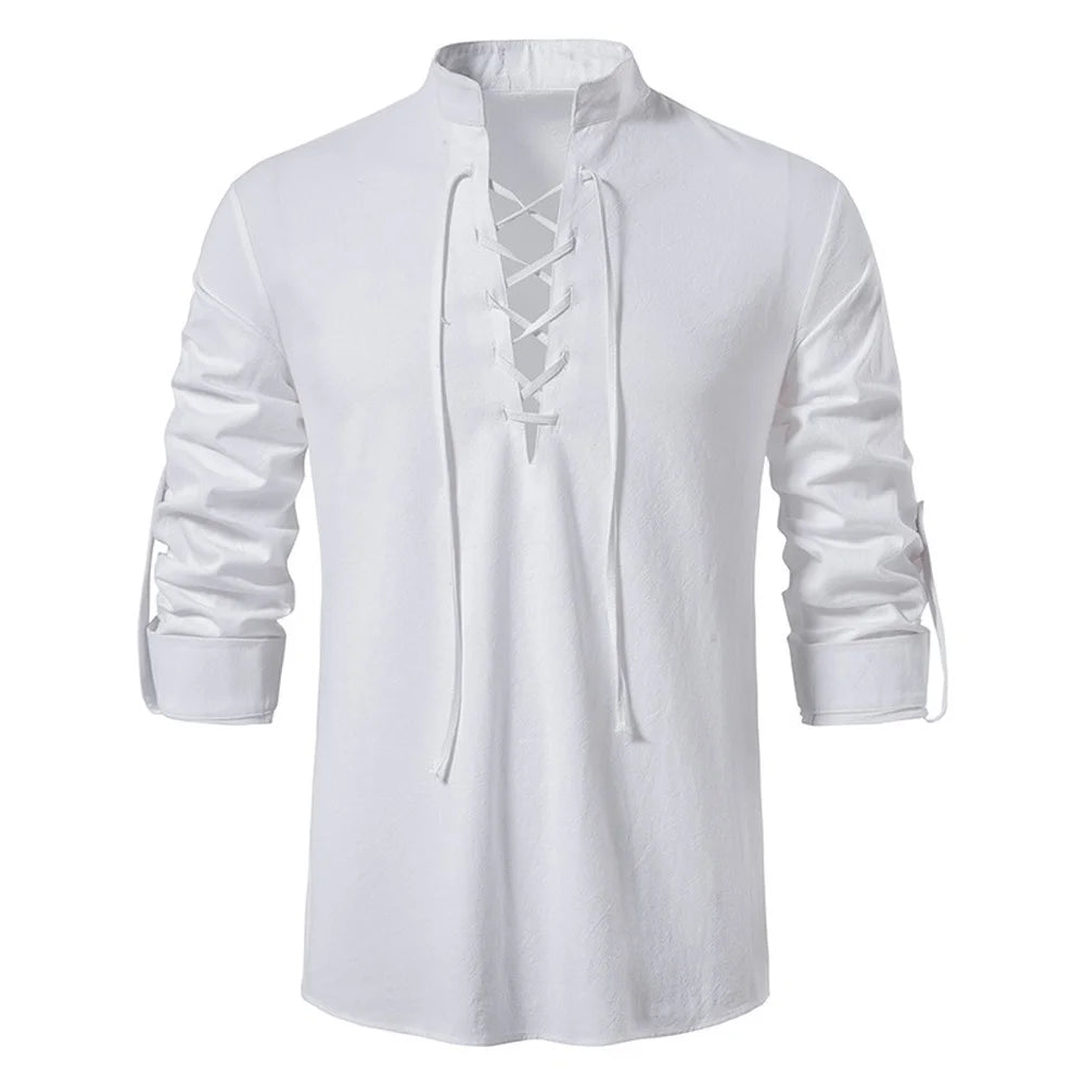 Threebooy  New Men's Casual Blouse Cotton Linen Shirt Tops Long Sleeve Tee Shirt Spring Autumn Slanted Placket Vintage Yoga Shirts