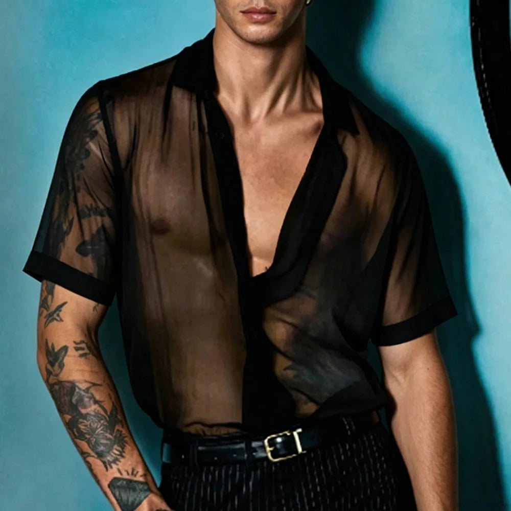 Threebooy  Mens Mesh Sheer Lightweight Sexy Short Sleeve Shirt Streetwear Fashion Nightclub Stage Performance Gayboys Avant Garde Top