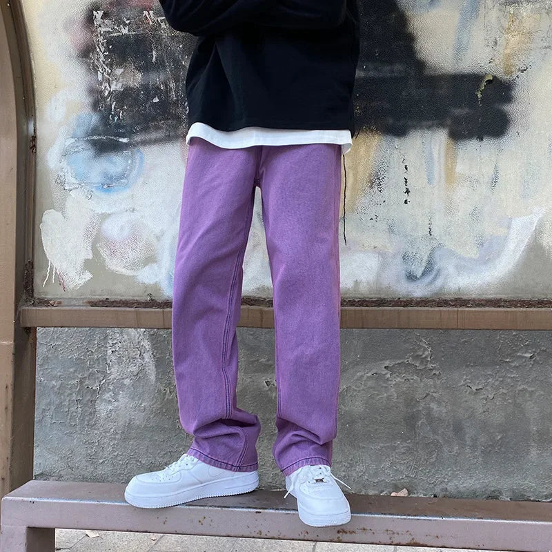 Threebooy  New Men's Streetwear Purple Green Jeans Fashion Baggy Straight Wide Pants Personality Y2k Hip Hop Male Denim Trousers