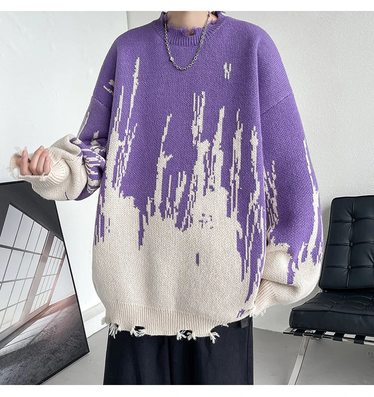 Threebooy Hip Hop Ripped Punk Knitted Sweaters Men Oversized Harajuku Streetwear Sweaters Winter Couples Fashion Knit Pullovers Tops
