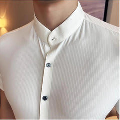 Threebooy  Summer High Quality New Solid High Elasticity Seamless Short Sleeve Shirts Men Slim Social Casual Business Formal Dress Shirt