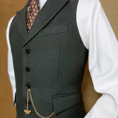 Threebooy  Men Vest Mossy Green Herringbone With Lapel Single Button Waistcoat For Wedding Party Business Work Daily Casual Men Suit Vest