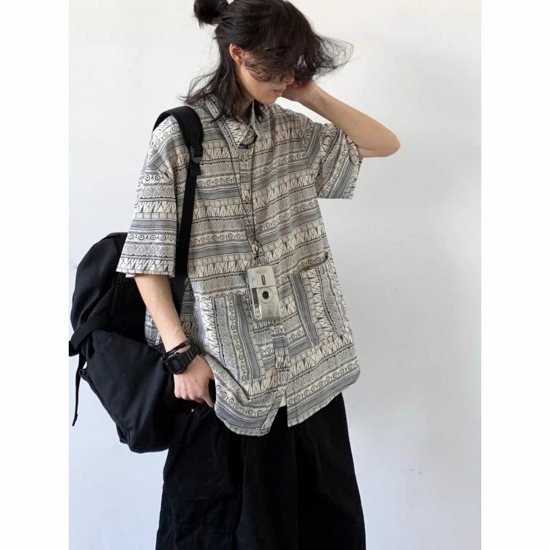 Threebooy Japanese Retro Blouse Loose Ethnic Short-sleeved Shirt Men Women Korean Summer Fashion High-end College Style Versatile Shirt