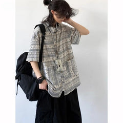 Threebooy Japanese Retro Blouse Loose Ethnic Short-sleeved Shirt Men Women Korean Summer Fashion High-end College Style Versatile Shirt