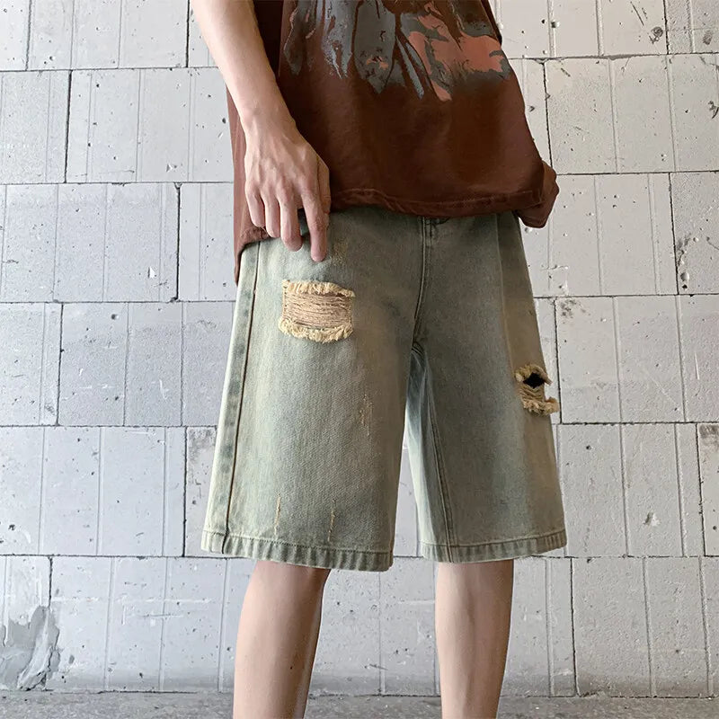 Threebooy  Distressed Denim Shorts men Vintage Wash Ripped Design Casual Summer Streetwear Destroyed Jeans Fashion man shorts