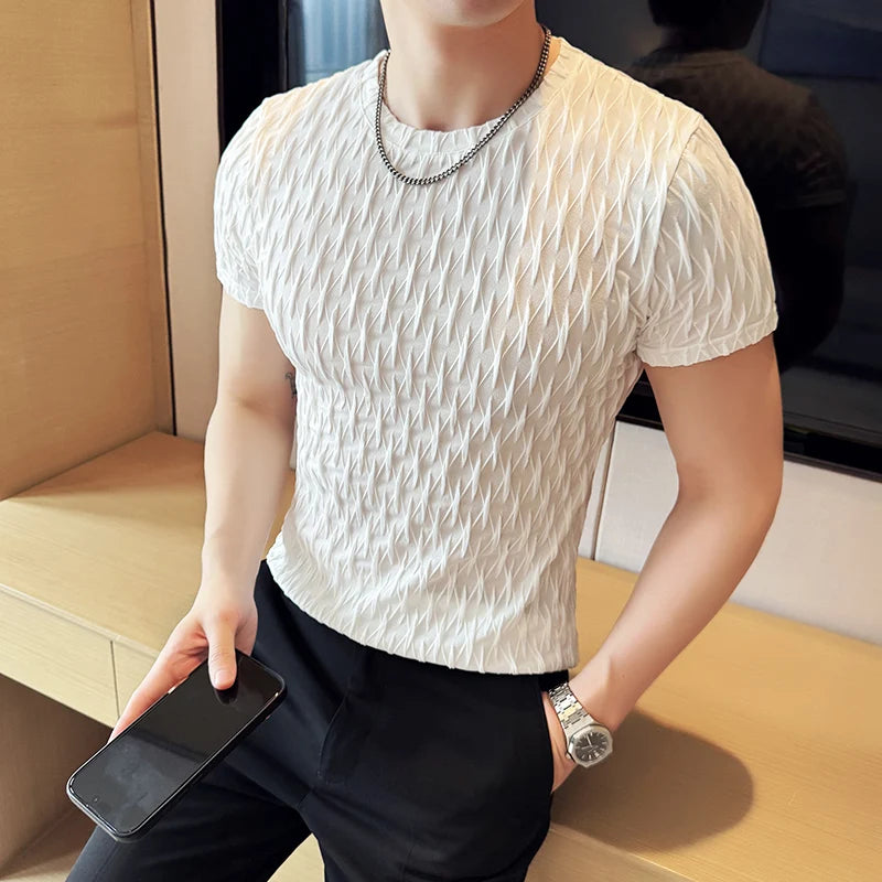 Threebooy  Men's Elastic Short Sleeved T-shirt Summer Breathable Round Neck Pullover T-shirt Solid Color Slim Fit Jacquard Men's Clothing