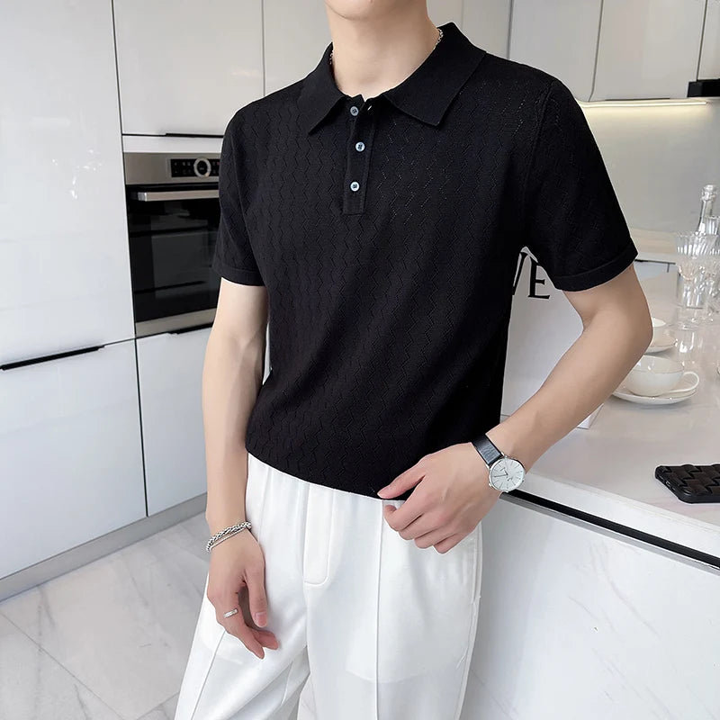 Threebooy British Style Men's Summer Casual Hollow Out Short Sleeves Polo Shirts/Male Slim Fit Knitting Polo Shirts S-3XL