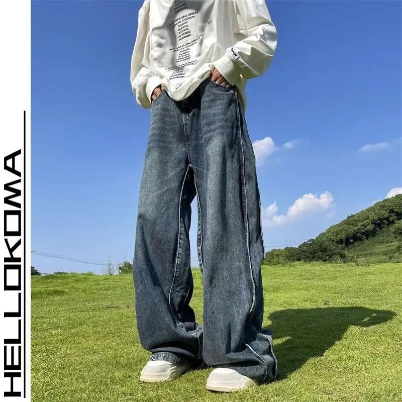 Threebooy American High Street Jeans Men's Striped Patchwork Denim Pants Summer Loose Straight High-end Retro Versatile Wide-leg Trousers