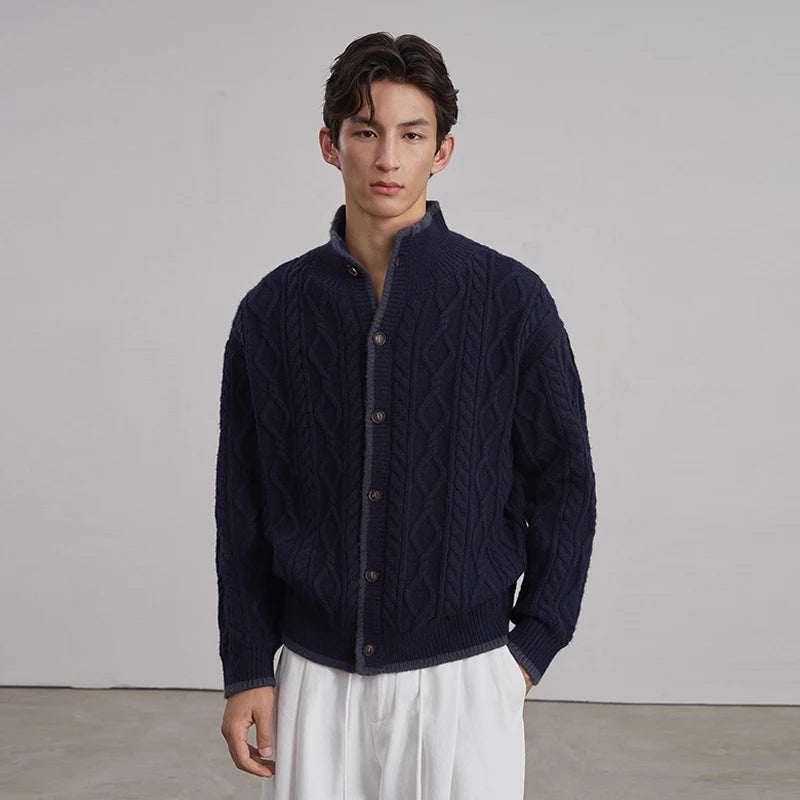 Threebooy Vintage Jacquarded Cardigan Coat Light Luxury Knitted Lapel Long Sleeve Men Sweater Jacket Autumn Leisure Premium Knitwear M-3XL