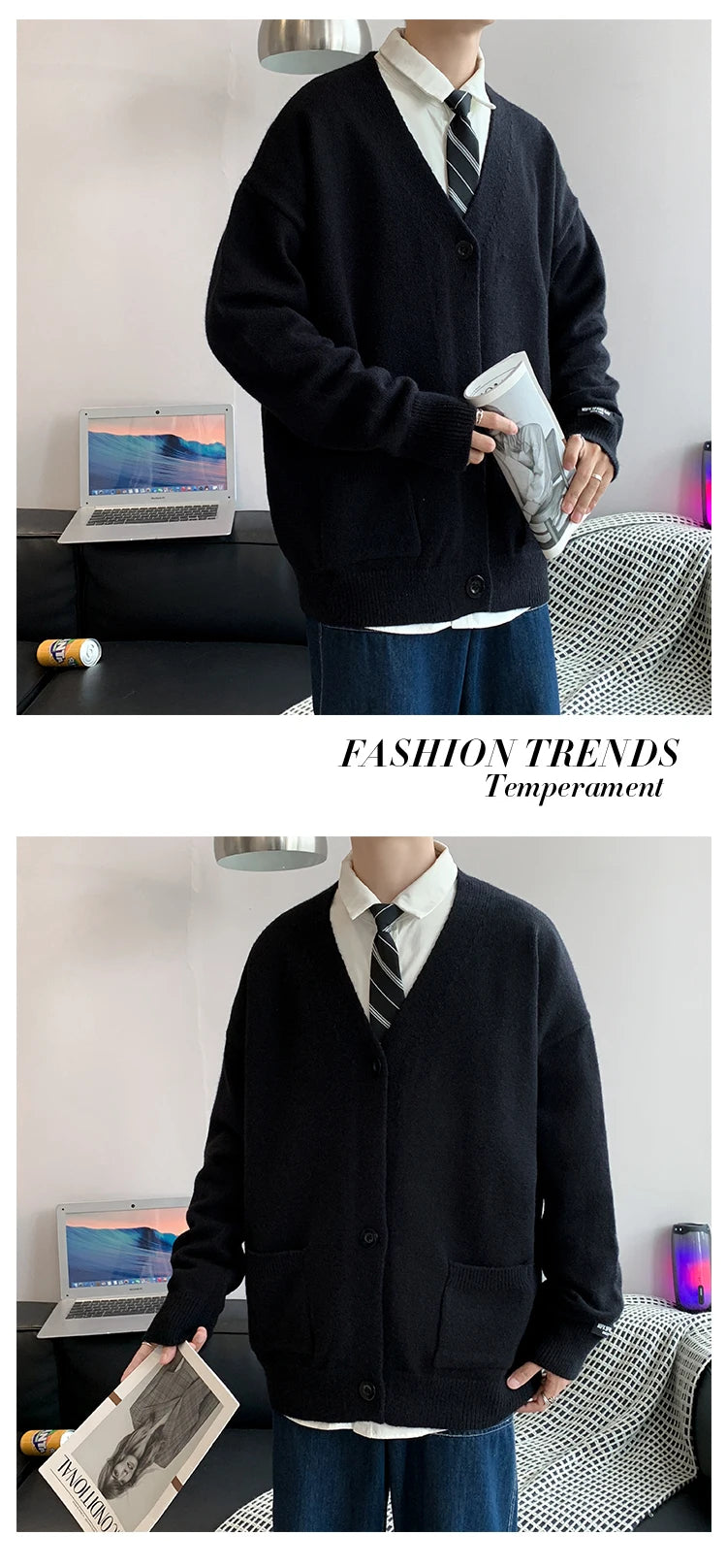 Threebooy Men's Cardigan Sweater Knitwear Jacket Spring Autumn V-neck Long Sleeves Single-breasted Pockets Loose Casual Linen Sweaters