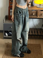 Threebooy European and American Summer HipHop Men and Women Trendy Personalized Straight Tube Washed Jeans Couple Loose Retro Casual Pants