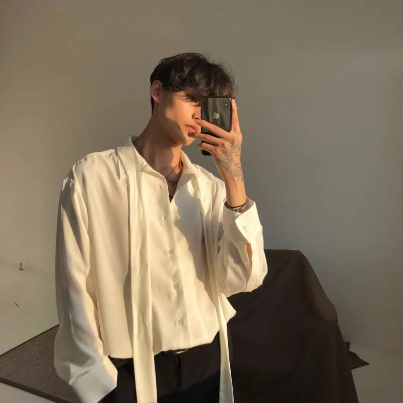 Threebooy Japanese Fashion High-end White Shirts Men Women Korean Version 2025 New Trendy Design Solid Color Handsome Long-sleeved Tops