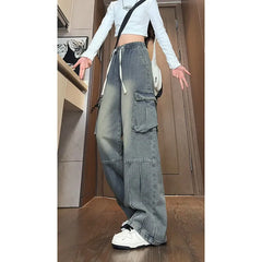 Threebooy Men's Jeans String Banding Elastic waist Wide Leg Denim Pants Side pocket Cotton Casual Straight Jean Trousers