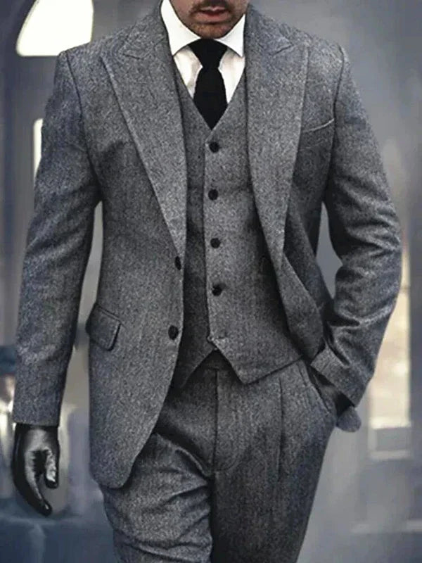 Threebooy  3 Pieces Men's Grey Herringbone Suits Formal Slim Fit Peak Lapel Tweed Prom Tuxedos for Wedding Groomsmen (Blazer+Vest+Pants)