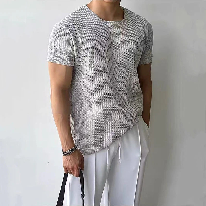 Threebooy New Trend Men Gym T-shirts Light Luxury Popular Slim-fit O Neck Tees Leisure Breathable Tops Sport Style Short Sleeve Knitwear