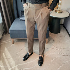 Threebooy  Men High Waist Casual Dress Pant Men Belt Design Slim Trousers Formal Office Social Wedding Party Dress Suit Pants 29-36