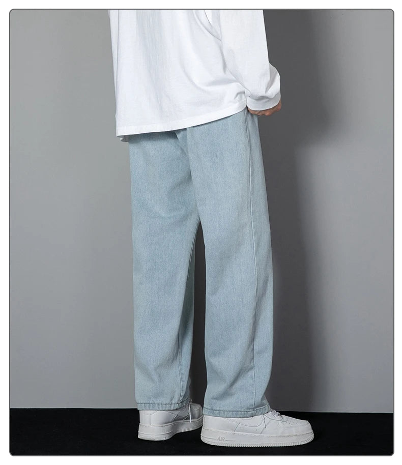 Threebooy 2025 New Korean Men's Casual Long Jeans Classic Man Straight Denim Wide-leg Pants Solid Color Light Blue Grey Black