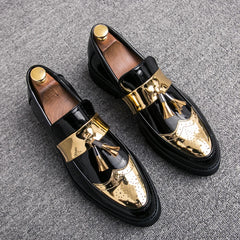 Threebooy  Luxury Shoes Men's Patent Leather Shoes High-end Gold Patch Work Men's Height Increasing Shoes Banquet Dress Loafers Size：37-45