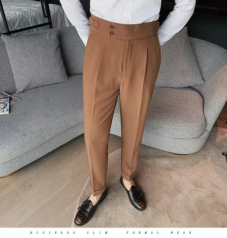Threebooy Nadir Coffee Color Men's Trousers Classic Trendy Paris Button Single Pleat Slims Smooths Your Silhouette Business Casual Pants