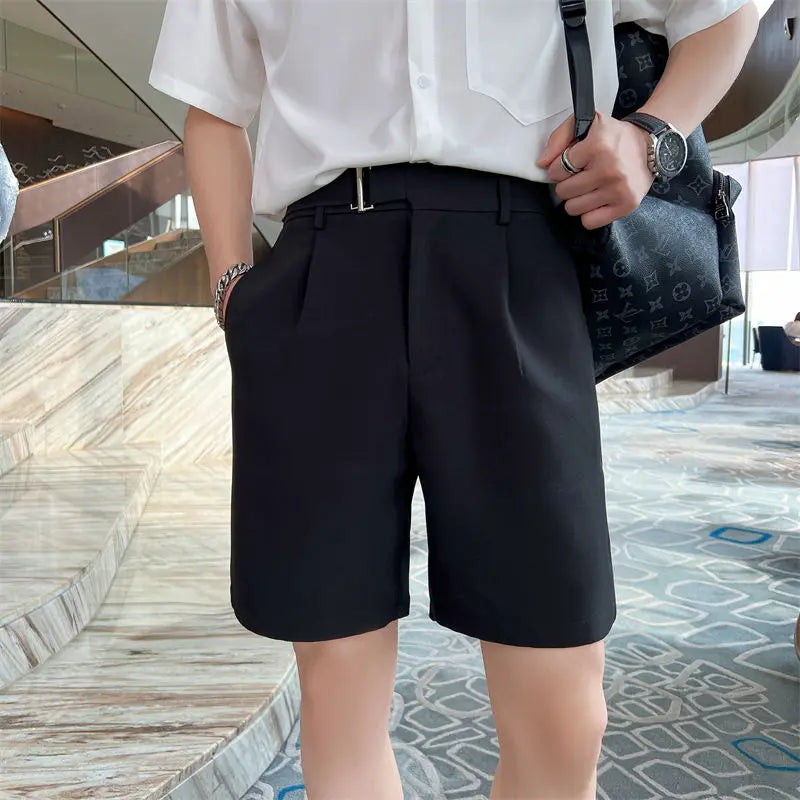 Threebooy Korean Style Summer Straight Suit Shorts For Men Clothing Simple Slim Fit Business Formal Wear Breathable Short Homme S-3XL