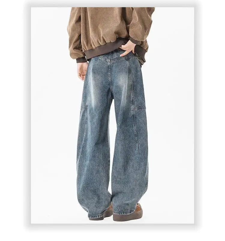 Threebooy Hip hop personality trend men and women straight leg washed jeans American couple loose retro curved knife casual pants y2k