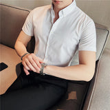 Threebooy  Summer Hipster Design Lapel Shirt for Men Casual Stripe Cotton Soft Slim Fit Short Sleeve Grey Black Tuxedo Shirts S-4XL