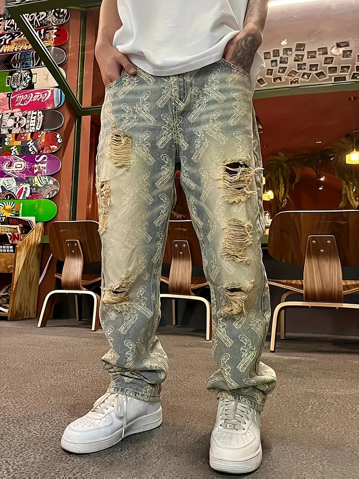 Threebooy  American-Style Streetwear Washed Vintage Ripped Jeans for Men, Spring and Autumn Straight Loose Fit, European and American High Street Vibe Style Long Pants