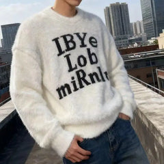 Autumn and Winter American Men and Women Trendy Personalized Letter Round Neck Sweater Couple Loose Hip Hop Casual Knitted Top