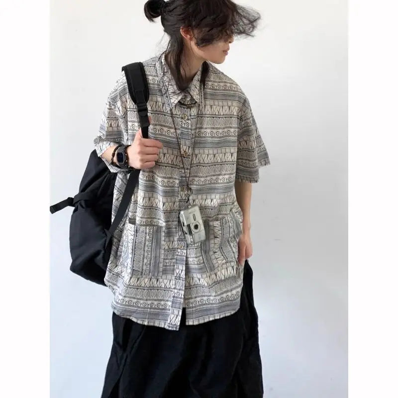 Threebooy Japanese Retro Blouse Loose Ethnic Short-sleeved Shirt Men Women Korean Summer Fashion High-end College Style Versatile Shirt