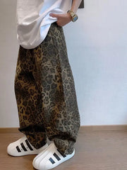 Threebooy  Autumn Tan Leopard Jeans Men Denim Pants Male Oversize Wide Leg Trousers Streetwear Hip Hop Vintage Loose Casual Animal Print