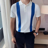 Threebooy Knit Polo Gradual Change Color Men Knitted Polo Shirt Short-sleeved Tops Striped Turn Down Collar Business Polo Men Shirt