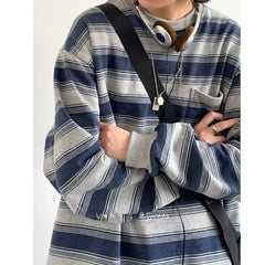 Threebooy  Retro Japanese Style Spring Workwear Sweatshirt Men's round Neck Striped Unisex Couple's Shirt Long Sleeve No Ironing Treatment