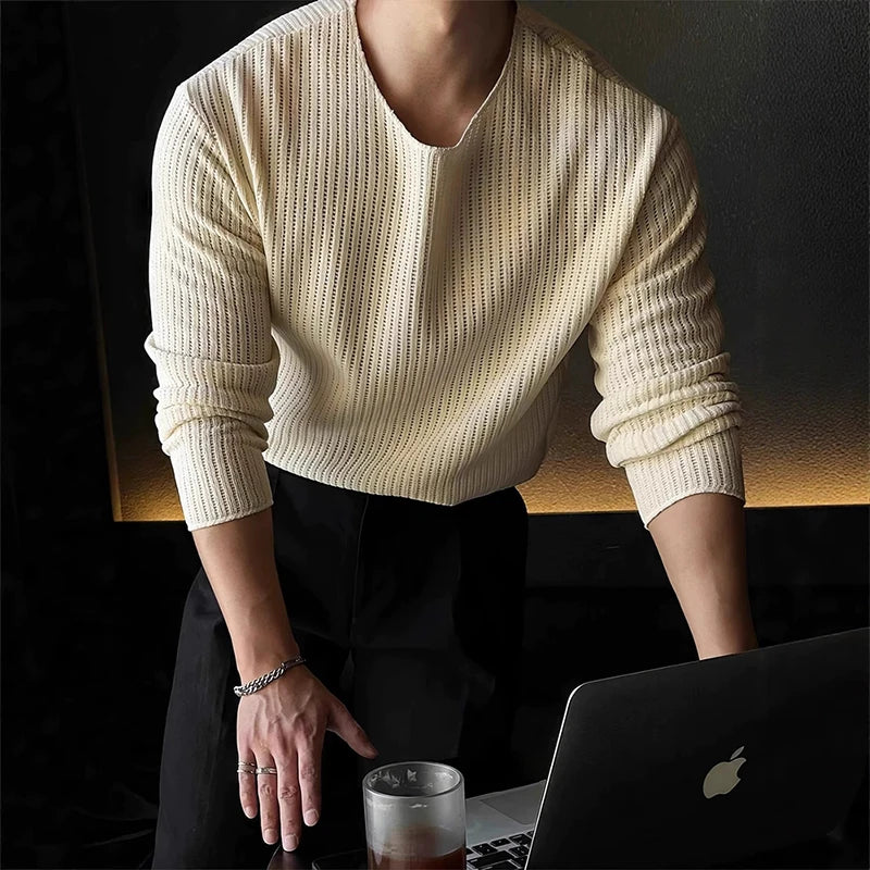 Threebooy  New Korean Fashion Men T-shirt Luxury Knitted Solid Color O Neck Long Sleeve Tees Casual Premium Quality Textured Knitwear M-3XL