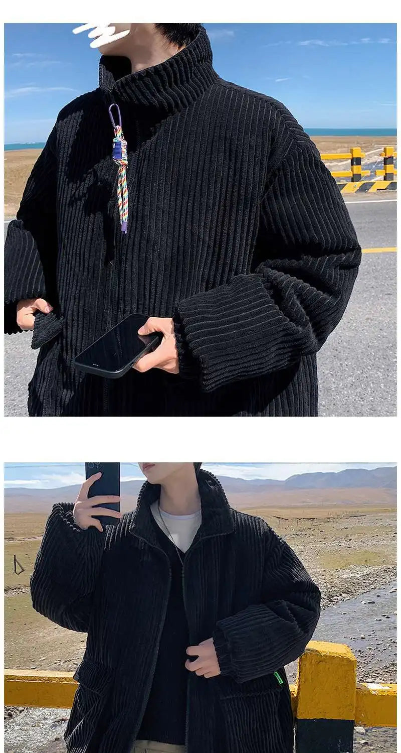 Threebooy Korean style autumn and winter men and women trendy personalized corduroy jacket for couples loose retro Harajuku casual top y2k
