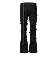 Threebooy ins dark series washed and distressed raw edge jeans men's streetwear hip-hop stitching flared pants patchwork jeans