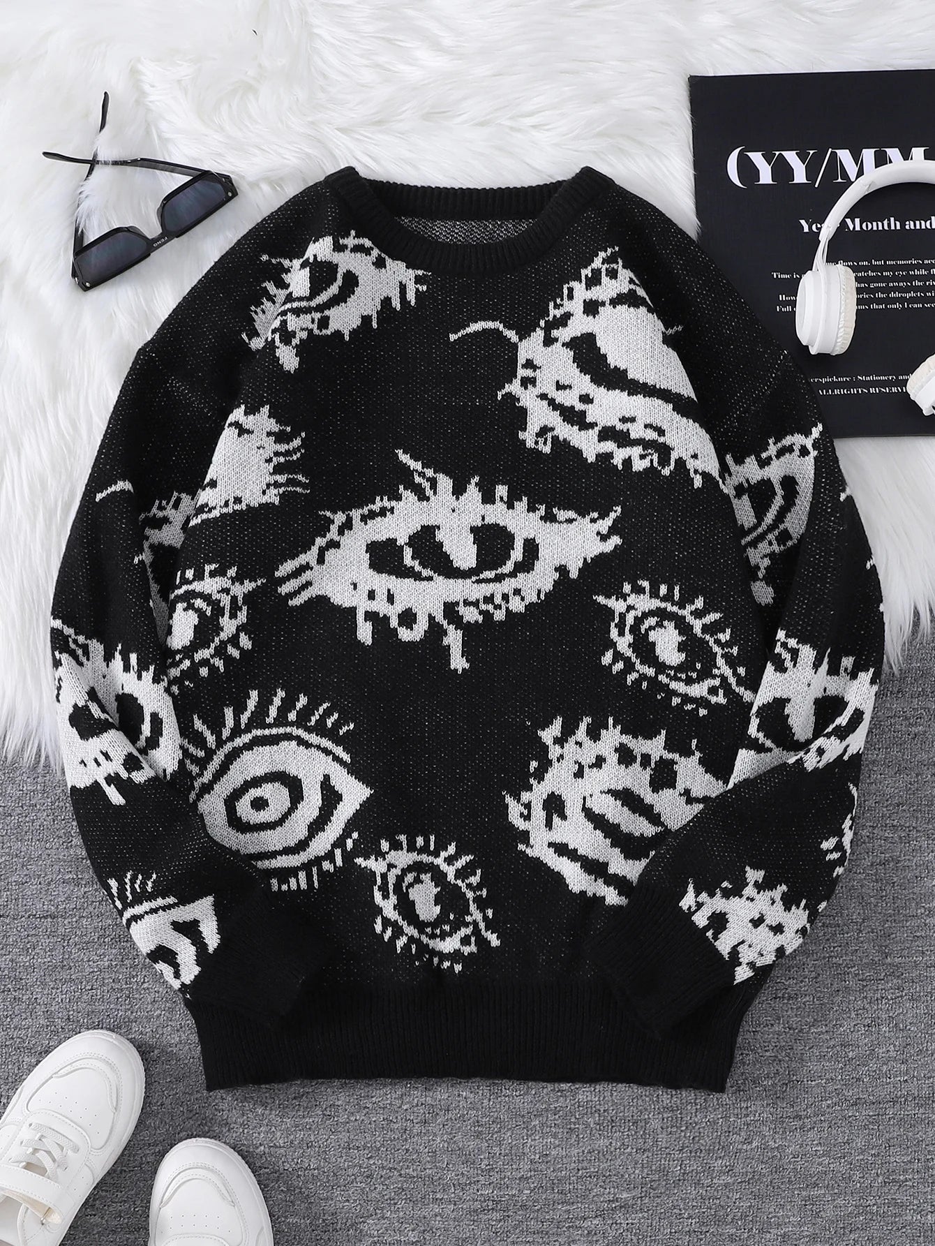 Threebooy  New Popular Autumn and Winter Abstract Eye Jacquard Pattern Pullover Sweater Casual Round Neck Knitted Men's Pullover
