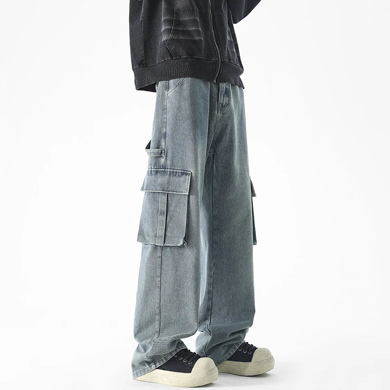 Threebooy Baggy Jeans Men Oversized Retro Pocket Cargo Jeans Men Streetwear Hip-hop Loose Wide Leg Jeans Mens Vintage Denim Trousers