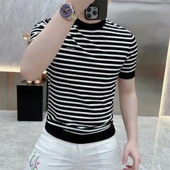 Threebooy  Summer Striped Knitted Round Neck T-shirts Men Slim Fit Short Sleeve Casual Business Tshirt Ice Silk Breathable Knitwear M-4XL