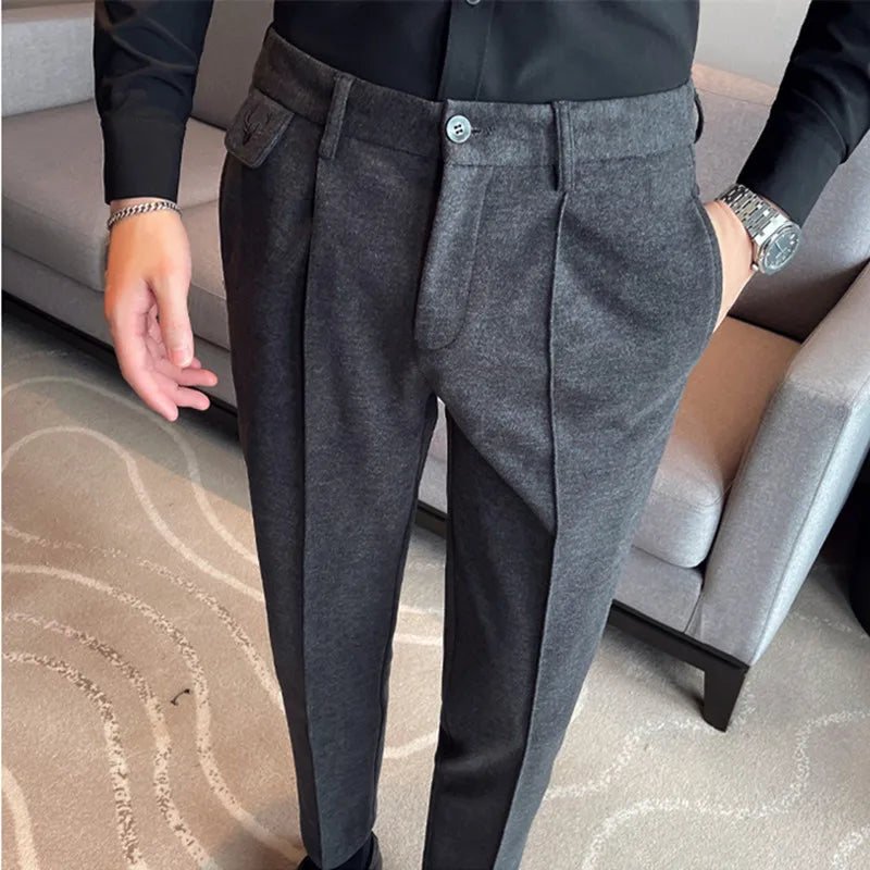 Threebooy  Autumn Winter New Business Suit Pants Men Casual Formal Slim Fit Classic Office Woolen Straight Trousers Male Pants 28-36