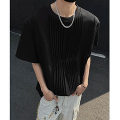 Threebooy Men Pleated Chic T Shirt Solid Color O-neck Short Sleeve Casual Tshirt Men Clothing Streetwear 2025 Summer Fashion Camisetas