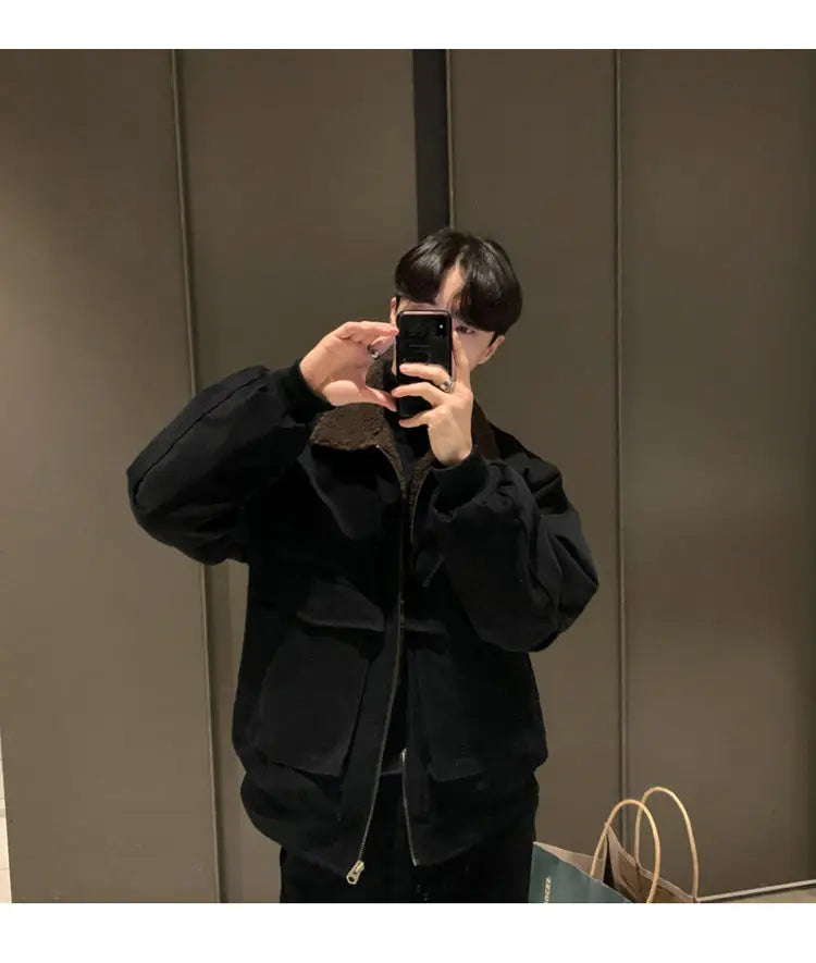 Threebooy Lamb Coat Men's Winter Velvet Thickened Short Autumn High Street Jacket Turndown Colllar Long Sleeves Zipper Pockets Jackets