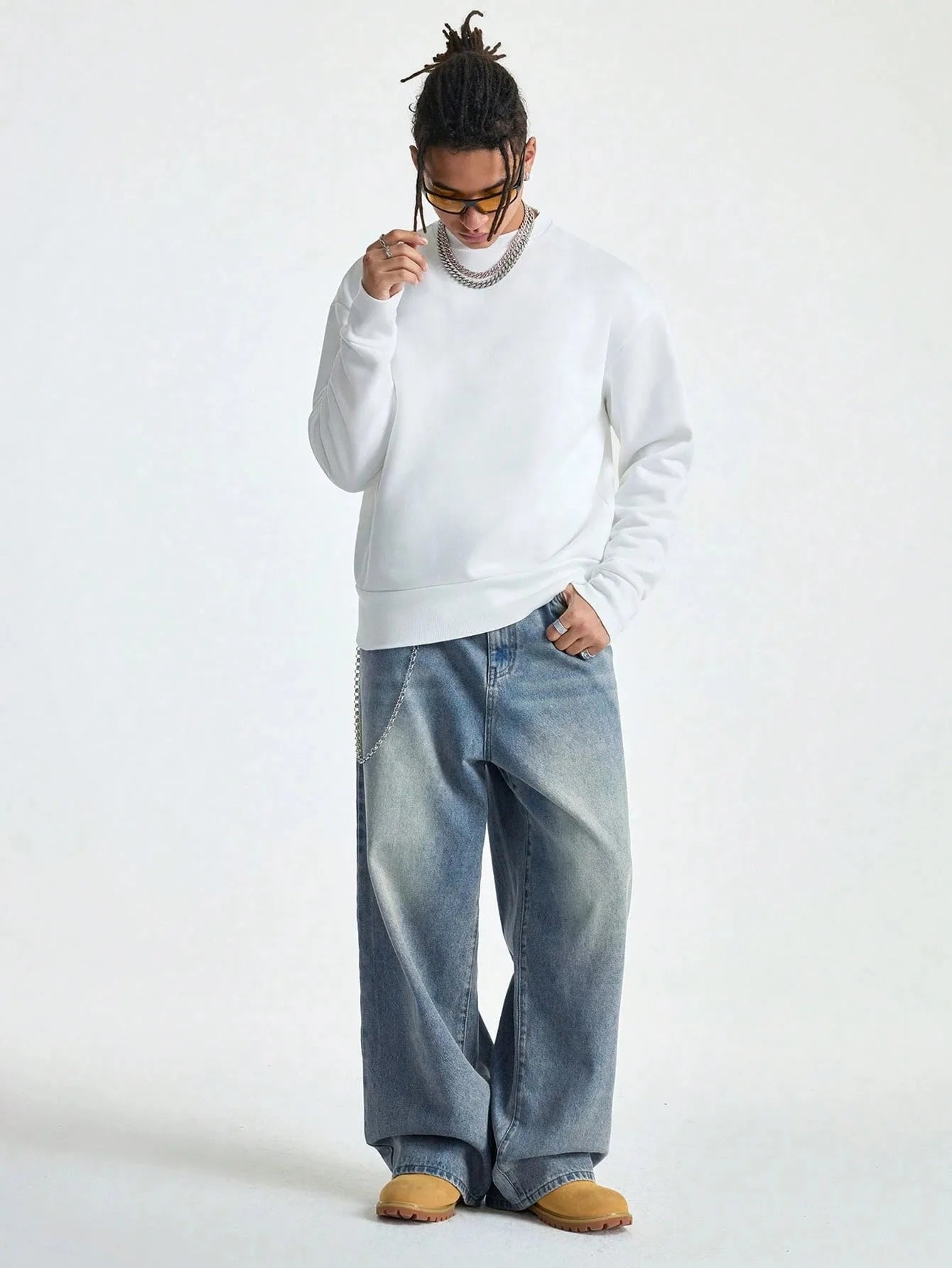 Threebooy  1Pc Men's Wide Pants Brushed Jeans Wide Jeans Y2K New Rocks Jeans Buggy Black Hip-Hop Pants