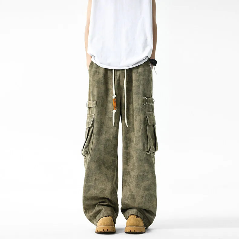 Threebooy Men Military Camo Workwear Cargo Pants Elastic Waistband Drawstring Tactical Joggers Loose Straight Leg Big Side Pockets Outdoor