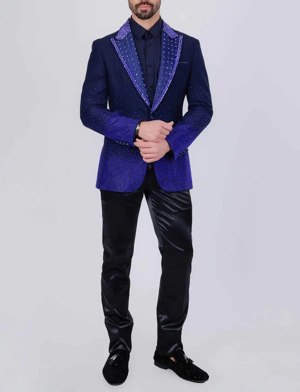 Threebooy  Fashion Rhinestones Men Suits 2 Pieces Blazer Pant One Button Beaded Crystal Wedding Groom Tuxedo