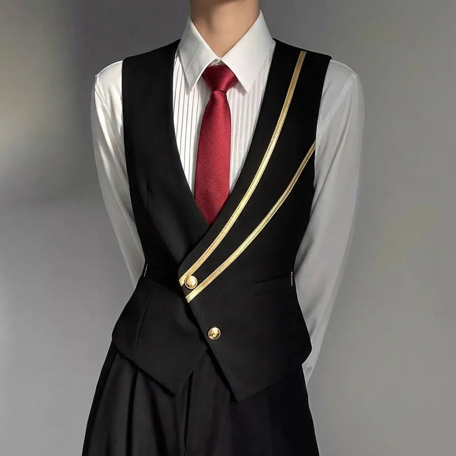 Threebooy  Trendy Leather Splicing Men Suit Vest Prom Party Waiter Nightclub Uniform Waistcoat Couple Casual Social Business Dress Vests