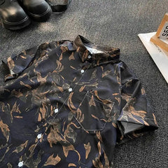 Threebooy  Men Summer Ice Silk Printed Short Sleeve Shirt Breathable Casual Button-Down Top Abstract Floral Pattern Shirts