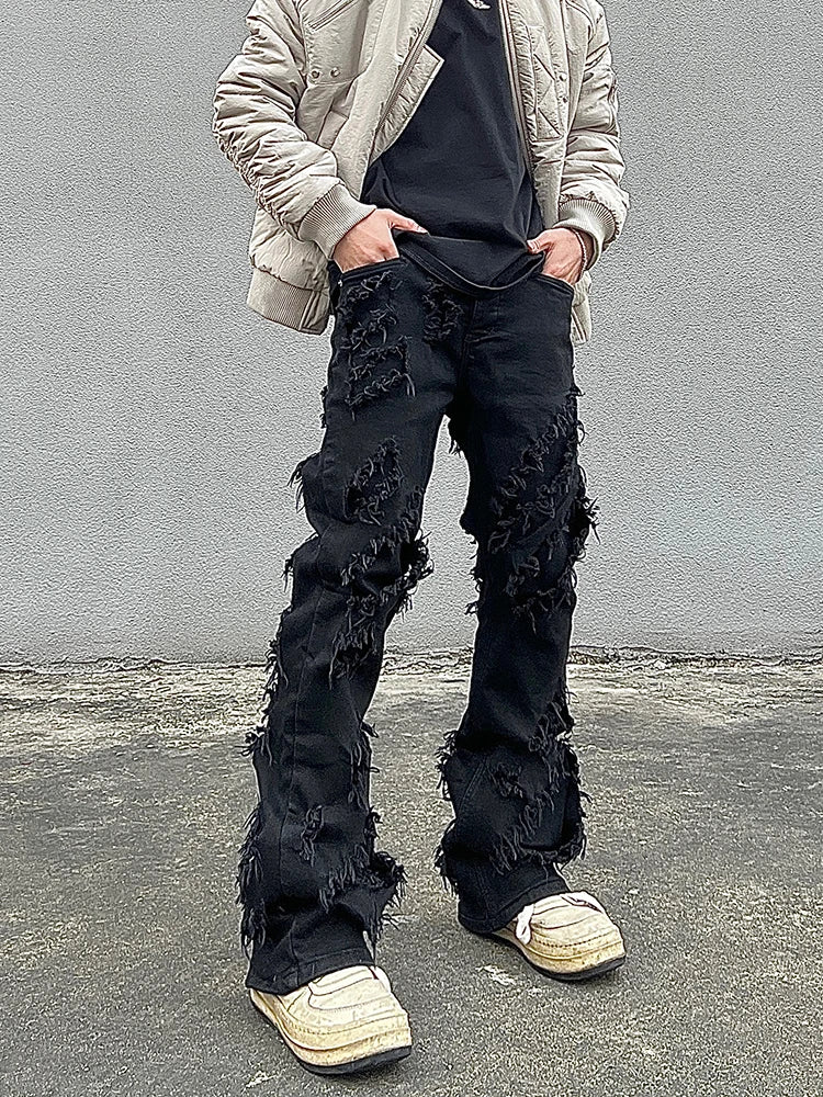 Threebooy Destroyed Erosion Jeans Men's Ins Fashion Brand ro Pants High Street vibe Broken Straight Barrel Micro Flared Pants