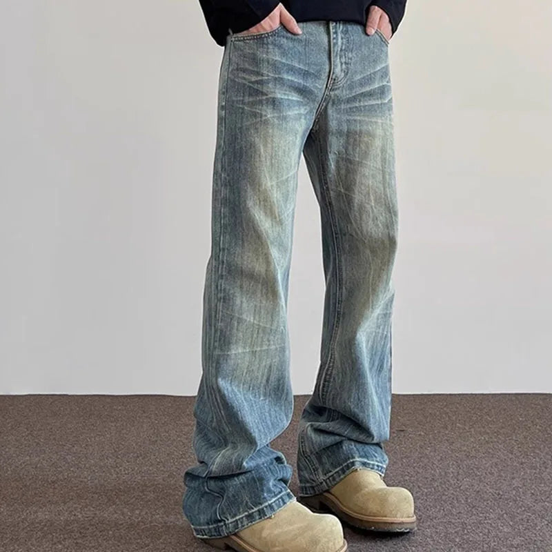 Threebooy Korean Fashion High Street Lightning Ripple Jeans Straight Leg Pants Four Season Classic High-Quality Micro Flared Pants