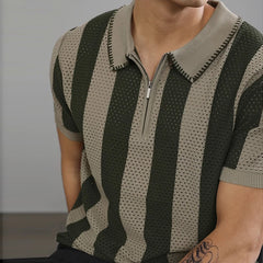 Threebooy New Chic Striped Polo Shirt Light Luxury Hollow Out Knitted T-shirts Korean Style Zipper Short Sleeve Tops Breathable Knitwear